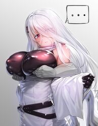  ... bare_shoulders bear_hair_ornament black_gloves breasts closed_mouth commentary_request covered_nipples female girls&#039;_frontline gloves gradient_background grey_background h_kasei hair_ornament large_breasts long_hair long_sleeves looking_at_viewer pk_(girls&#039;_frontline) red_eyes sleeves_past_wrists solo_focus speech_bubble spoken_ellipsis upper_body very_long_hair white_hair wide_sleeves 