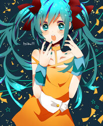  alternate_costume aqua_eyes aqua_hair commentary_request female hatsune_miku long_hair ribbon solo twintails vocaloid yutsuchi 