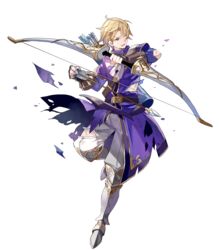  1boy arrow_(projectile) blonde_hair boots bow_(weapon) fingerless_gloves fire_emblem fire_emblem:_the_binding_blade fire_emblem_heroes full_body gloves highres injury klein_(fire_emblem) male_focus official_art one_eye_closed purple_eyes quiver solo tobi_(kotetsu) torn_clothes transparent_background weapon 