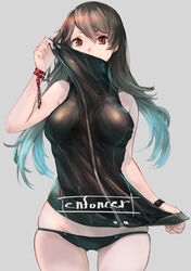  aqua_hair bare_shoulders black_hair black_panties breasts chains clothes_pull commentary_request cowboy_shot female grey_background highres long_hair looking_at_viewer medium_breasts mille_(dieci) multicolored_hair orange_eyes original panties shirt simple_background skindentation sleeveless solo turtleneck two-tone_hair underwear watch wristwatch zipper zipper_pull_tab 