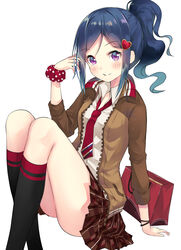  bad_id bad_pixiv_id bag birthday black_socks blue_hair bracelet curly_hair female hair_ornament happy_birthday heart heart_hair_ornament highres jacket jewelry long_hair long_sleeves love_live! love_live!_school_idol_festival love_live!_sunshine!! matsuura_kanan miniskirt necktie paper_bag polka_dot polka_dot_scrunchie ponytail purple_eyes ranmaruuuu00 red_necktie scrunchie sitting skirt socks solo 