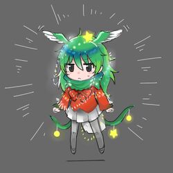  :&lt; adapted_costume black_eyes blush blush_stickers chibi christmas christmas_lights christmas_ornaments clenched_hand closed_mouth commentary_request eyelashes female green_hair grey_background grey_legwear grey_scarf hair_between_eyes head_wings jitome kanemaru_(knmr_fd) kemono_friends long_hair long_sleeves lowres neck_ribbon nose_blush official_art pleated_skirt red_ribbon red_shirt resplendent_quetzal_(kemono_friends) ribbon scarf shadow shirt skirt solo star_(symbol) sweat v-shaped_eyebrows white_skirt wings 