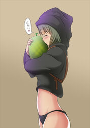  bad_id bad_pixiv_id black_panties blush closed_eyes female food fruit grey_hair hood isis-chan isis_(terrorist_group) kissing kissing_object melon no_pants original panties photoshop_(medium) solo tai_(nazutai) underwear 