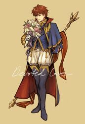  1boy blue_eyes cape commentary_request eliwood_(fire_emblem) eliwood_(valentine)_(fire_emblem) fire_emblem fire_emblem:_the_blazing_blade fire_emblem_heroes flower full_body goldtectonic highres male_focus red_hair smile solo 