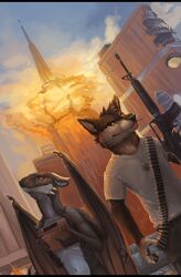  2012 alradeck ammo_belt anthro ar-15 ar_platform assault_rifle bandolier black_bars blue_eyes brown_body brown_eyes brown_fur brown_hair building canid canine canis car city clothed clothing cloud conditional_dnp cool_guys_don&#039;t_look_at_explosions coyote day detailed_background digital_media_(artwork) dog_tags dragon duo dutch_angle explosion facial_spikes fire fur gun hair hi_res holding_gun holding_object holding_ranged_weapon holding_weapon horn jaw_spikes jewelry m16 mammal membrane_(anatomy) membranous_wings mythological_creature mythological_scalie mythology necklace nude object_in_mouth outside pawpads ranged_weapon rifle scalie sky skyscraper smile spikes spikes_(anatomy) standing stoner_rifle street_lamp toothpick vehicle weapon wings 