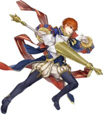  1boy bad_link blue_eyes cape eliwood_(fire_emblem) eliwood_(valentine)_(fire_emblem) fire_emblem fire_emblem:_the_blazing_blade fire_emblem_heroes full_body highres holding itou_misei lance male_focus official_art open_mouth polearm red_hair solo transparent_background weapon 