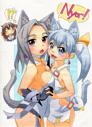  3girls :3 :d animal_ear_fluff animal_ears asymmetrical_docking breast_press breasts brown_eyes brown_hair cat_ears cat_tail cleavage commentary_request extra_ears grey_eyes grey_hair hair_ornament hair_ribbon highres holding_hands interlocked_fingers iona_(wixoss) kawachi_koorogi kemonomimi_mode kominato_ruuko long_hair looking_at_viewer marker_(medium) medium_breasts multiple_girls open_mouth ribbon school_uniform selector_wixoss serafuku short_hair smile tail tama_(wixoss) traditional_media wixoss 