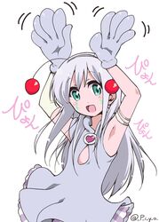  absurdres antennae aqua_eyes arm_warmers armpits arms_up commentary_request dress facial_mark female gloves grey_hair highres long_hair oversized_clothes piyo_(p_i_y_o) simple_background teekyuu tomarin twitter_username white_background 