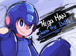  1boy android arm_cannon blue_eyes bright_pupils commentary dual_arm_cannons dual_wielding english_commentary helmet holding male_focus mega_man_(character) mega_man_(classic) mega_man_(series) sho-n-d smile solo super_smash_bros. weapon 