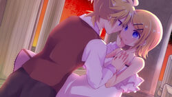  1boy adolescence_(vocaloid) aoi_choko_(aoichoco) bare_shoulders blonde_hair blue_eyes brother_and_sister camisole commentary_request dress dusk dutch_angle eye_contact female frilled_dress frills hair_ornament hairclip hand_on_another&#039;s_face incest kagamine_len kagamine_rin looking_at_another pillar short_hair siblings sleeveless sleeveless_blazer sleeveless_jacket spaghetti_strap straight twincest twins vocaloid 