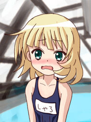  blonde_hair blush female gochuumon_wa_usagi_desu_ka? gochuumon_wa_usagi_desuka? green_eyes kirima_sharo one-piece_swimsuit open_mouth pool rei_no_pool school_swimsuit solo swimsuit wavy_mouth 