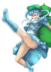  6fu_(11madhouse) axe_kick bad_id bad_pixiv_id bag blue_eyes blue_hair blush boots breasts female flying_kick hair_bobbles hair_ornament hat kawashiro_nitori key kicking medium_breasts open_mouth short_hair smile solo touhou twintails 