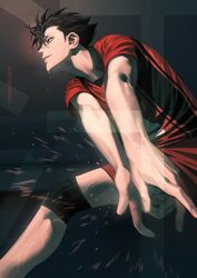  1boy black_hair commentary from_below gym_shirt gym_shorts gym_uniform haikyuu!! kinsatsu_(grizzled) knee_brace knee_pads kuroo_tetsurou male_focus nekoma_volleyball_uniform own_hands_together red_shirt red_shorts shirt shorts smile solo sportswear sweat volleyball volleyball_uniform 