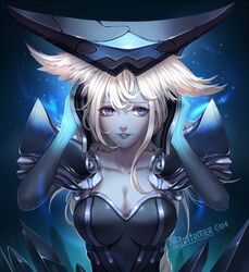  blue_eyes breasts chinese_commentary citemer cleavage commentary_request female helmet large_breasts league_of_legends lips lissandra_(league_of_legends) long_hair pale_skin photoshop_(medium) solo white_hair 