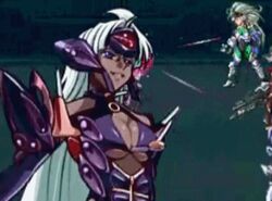  00s 2girls android animated animated armor aschen_brodel attack banpresto breasts cleavage crossover cyborg dark_skin female gynoid helmet large_breasts long_hair lowres multiple_girls namco silver_hair smile solo_focus super_robot_wars super_robot_wars_og_saga_mugen_no_frontier super_robot_wars_og_saga_mugen_no_frontier_exceed t-elos undressing xenosaga 