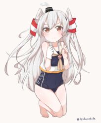  alternate_costume amatsukaze_(kancolle) artist_name bare_legs barefoot breast_cutout breasts brown_eyes brown_neckerchief colored_eyelashes commentary_request cosplay crop_top female frown full_body gloves grey_hair hair_between_eyes i-13_(kancolle) i-13_(kancolle)_(cosplay) kantai_collection long_hair looking_at_viewer neckerchief okota_mikan one-piece_swimsuit sailor_collar sailor_shirt school_swimsuit serious shirt single_glove sleeveless sleeveless_shirt small_breasts solo swimsuit thighs toes twitter_username two_side_up white_gloves white_sailor_collar white_shirt 