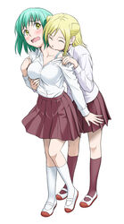  2girls biting blonde_hair blush bra breasts brown_legwear brown_skirt commentary_request cone_hair_bun demi-chan_wa_kataritai double_bun dress_shirt full_body green_hair groping hair_bun highres ichikawa_masahiro kneehighs kusakabe_yuki_(demi-chan_wa_kataritai) looking_at_another medium_breasts multiple_girls neck_biting nibbling oerba_yun_fang off_shoulder open_mouth pleated_skirt school_uniform shirt shoes short_hair skirt socks standing takanashi_hikari underwear uwabaki vampire wavy_mouth white_background white_shirt white_socks yellow_eyes 