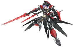  altines blue_eyes breasts busou_shinki commentary_request doll_joints female highres joints mecha_musume midriff misenouchi navel photoshop_(medium) purple_hair red_eyes short_hair small_breasts smile solo sword weapon white_background 