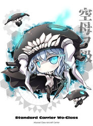  abyssal_ship black_gloves blue_eyes cape character_name chibi colored_skin commentary_request enemy_aircraft_(kancolle) female gloves grey_hair headgear kantai_collection long_hair looking_at_viewer ms06s photoshop_(medium) solo staff white_skin wo-class_aircraft_carrier 