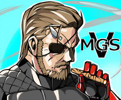  1boy beard brown_hair cigar commentary_request eyepatch facial_hair horns male_focus manly mechanical_arms metal_gear_(series) metal_gear_solid_v:_ground_zeroes metal_gear_solid_v:_the_phantom_pain monokuro_rabbit single_horn single_mechanical_arm smoking sneaking_suit solo venom_snake 