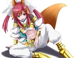  amaterasu_(fate) animal_ears bow breasts commentary_request detached_sleeves fate/extra fate/extra_ccc fate_(series) female fox_ears fox_tail hair_ribbon hairbow highres medium_breasts midriff official_alternate_costume pink_hair ribbon sei15 solo tail tamamo_(fate) tamamo_no_mae_(fate/extra) twintails underboob yellow_eyes 