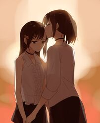  2girls bad_id bad_pixiv_id bare_shoulders black_hair blush brown_eyes brown_hair closed_eyes collar fatal_frame fatal_frame_5 flower hair_flower hair_ornament highres hinasaki_miku hinasaki_miu kisetsu kissing kissing_forehead long_hair mother_and_daughter multiple_girls ponytail skirt sunset 