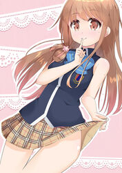  ass_visible_through_thighs bare_shoulders blush bow brown_eyes brown_hair clothes_lift commentary_request dutch_angle female finger_to_mouth fujinomiya_neko lace lifting_own_clothes long_hair looking_at_viewer masamune-kun_no_revenge miniskirt mole mole_on_arm mole_under_eye no_panties photoshop_(medium) pleated_skirt school_uniform shushing skirt skirt_lift smile solo thigh_gap wari_(nirodo26) 