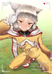  animal_ears blunt_bangs blush bodysuit breasts cloak closed_eyes commentary_request facial_mark female gloves grass grey_hair half-closed_eyes hood hooded_cloak looking_at_viewer nia_(xenoblade) outdoors recording small_breasts squatting sweatdrop vekneim watermark wavy_mouth web_address white_gloves xenoblade_chronicles_(series) xenoblade_chronicles_2 yellow_eyes 