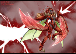  antennae armor arthropod_girl bikini_armor blue_eyes breasts claws cleavage commentary_request dark-skinned_female dark_skin electricity facial_mark female genderswap_(mtf) hairband highres kha&#039;zix league_of_legends long_hair medium_breasts monster_girl multicolored_hair nam_(valckiry) oerba_yun_fang personification rule_63 scythe shoulder_plates solo spikes two-tone_hair wings 