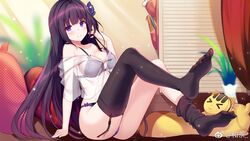  ass black_thighhighs blurry blush bra breasts cleavage commentary_request depth_of_field feet female garter_straps head_tilt hecha_(01964237) highres indoors large_breasts lifting_own_clothes long_hair looking_at_viewer loose_thighhigh no_shoes off-shoulder_shirt off_shoulder panties purple_bra purple_eyes purple_hair purple_panties sanse_hui_lian see-through shirt sitting smile solo strap_lift thighhighs underwear very_long_hair weibo_logo weibo_watermark wen_zhi 