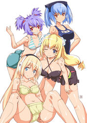  4girls ;) altines altrene aoi_manabu arnval arnval_mk2 ass bikini bikini_skirt blonde_hair blue_eyes blue_hair blush bow breasts busou_shinki cleavage commentary_request criss-cross_halter doll_joints grin halterneck joints large_breasts leaning_forward long_hair multiple_girls one-piece_swimsuit one_eye_closed orange_eyes purple_hair red_eyes ribbon school_swimsuit short_hair short_twintails sitting smile strarf strarf_mk2 striped_bikini striped_clothes swimsuit twintails 