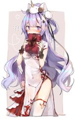  azur_lane bangs blush box breasts bun_cover china_dress chinese_clothes commentary_request covered_mouth covered_navel dress eyebrows_visible_through_hair flying_sweatdrops gift gift_box groin hair_bun heart holding holding_gift long_hair looking_at_viewer nose_blush on_head one_side_up pelvic_curtain purple_eyes purple_hair sabet_(young_ouo) short_sleeves side_bun side_slit small_breasts solo stuffed_alicorn stuffed_animal stuffed_toy thighhighs unicorn_(azur_lane) very_long_hair white_dress white_legwear wrist_cuffs 