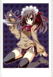  1boy :&lt; absurdres black_legwear brown_hair chibi ebiten_(manga) feline female highres kneeling noya_itsuki purple_eyes school_uniform thighhighs todayama_izumiko tray |_| 