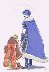  1boy bad_id bad_twitter_id blue_cape blue_eyes blue_hair bracelet cape cloak closed_eyes closed_mouth commentary_request female fire_emblem fire_emblem:_mystery_of_the_emblem fire_emblem_heroes from_behind from_side fur_trim gauntlets green_hair hood jewelry long_hair looking_to_the_side marth_(fire_emblem) murabito_ba open_mouth short_hair short_sleeves simple_background smile standing star_(symbol) tiara tiki_(fire_emblem) tiki_(young)_(fire_emblem) 