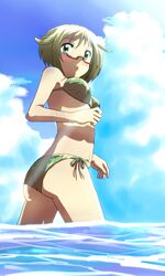  ass bel_(pokemon) bikini blonde_hair blue_sky blush breasts cloud day eyebrows_visible_through_hair female female from_side glasses green_bikini hand_up highres looking_at_viewer medium_breasts naga_(naga54321) open_mouth outdoors partially_submerged pokemon pokemon_(game) pokemon_bw2 red-framed_eyewear short_hair side-tie_bikini sky solo swimsuit wading water 