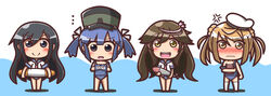  &gt;:) ... 4girls :d alternate_costume arashio_(kancolle) asashio_(kancolle) black_eyes black_hair blue_hair blush breast_conscious brown_eyes brown_hair c: chibi commentary_request cosplay double_bun embarrassed feiton hair_bun hair_ornament hat highres holding i-168_(kancolle) i-168_(kancolle)_(cosplay) i-19_(kancolle) i-19_(kancolle)_(cosplay) i-58_(kancolle) i-58_(kancolle)_(cosplay) i-8_(kancolle) i-8_(kancolle)_(cosplay) innertube kantai_collection long_hair looking_at_viewer michishio_(kancolle) multiple_girls name_tag ooshio_(kancolle) open_mouth school_swimsuit school_uniform serafuku short_hair smile swim_ring swimsuit swimsuit_under_clothes torpedo twintails v-shaped_eyebrows wavy_mouth 