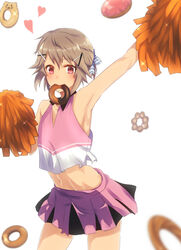  1boy armpits bad_id bad_pixiv_id blush brown_hair cheerleader cowboy_shot doughnut food hair_ornament hairclip heart highres male_focus masamune-kun_no_revenge midriff miniskirt mouth_hold navel nero2 otoko_no_ko pink_eyes pleated_skirt pom_pom_(cheerleading) short_hair shuri_kojuurou skirt solo tank_top 