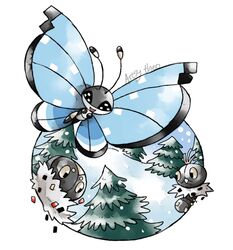  :d artsy-theo black_eyes bug butterfly commentary_request evolutionary_line flying full_body happy looking_at_viewer no_humans open_mouth outdoors pine_tree pokemon pokemon_(creature) scatterbug signature smile snow snowing spewpa tree vivillon vivillon_(tundra) 