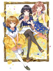  3girls :o ;d adagaki_aki between_breasts black_eyes black_hair black_legwear blue_dress blush bow braid breasts brown_eyes brown_hair commentary_request crossed_legs dress floral_print flower fujinomiya_neko full_body hair_ornament hairbow koiwai_yoshino looking_at_viewer masamune-kun_no_revenge medium_breasts mole mole_under_eye multiple_girls one_eye_closed open_mouth pantyhose rose shirt short_hair skirt smile tiv two-sided_fabric two-sided_skirt white_legwear yellow_flower yellow_rose zero_no_tsukaima 