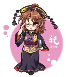  ;o adjusting_eyewear ahoge animal_print bear_print blush book brown_eyes brown_hair chibi chinese_clothes commentary_request cosplay dress female glasses headdress junko_(touhou) junko_(touhou)_(cosplay) looking_at_viewer one_eye_closed panda_print pote_(ptkan) rabbit_print semi-rimless_eyewear short_hair solo tabard touhou usami_sumireko 