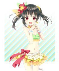  bikini black_hair bracelet commentary_request cowboy_shot diagonal_stripes earrings female flat_chest flower green_nails hair_flower hair_ornament happy hibiscus highres jewelry looking_at_viewer love_live! love_live!_school_idol_project manimani_(mani_ma) nail_polish natsuiro_egao_de_1_2_jump! navel necklace open_mouth own_hands_clasped own_hands_together red_eyes skirt smile solo striped striped_background swimsuit twintails yazawa_nico 