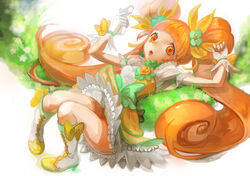  boots bow brooch brown_eyes brown_hair cellphone choker commentary_request cure_rosetta curly_hair dokidoki!_precure double_bun dress female flat_chest flower gloves green_choker hair_bun hair_flower hair_ornament hair_ribbon heart heart_brooch highres jewelry knee_boots long_hair looking_at_viewer lying magical_girl nokuran orange_eyes orange_hair phone photoshop_(medium) pigeon-toed precure ribbon skirt solo twintails very_long_hair waist_bow white_gloves yotsuba_alice 