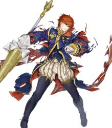  1boy bad_link blue_eyes cape eliwood_(fire_emblem) eliwood_(valentine)_(fire_emblem) fire_emblem fire_emblem:_the_blazing_blade fire_emblem_heroes full_body highres holding itou_misei lance male_focus official_art polearm red_hair solo torn_clothes transparent_background weapon 