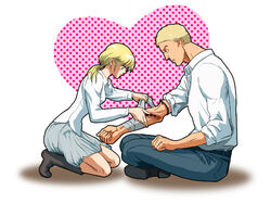  1boy bandage belt blonde_hair blue_eyes blush boots christa_renz female heart injury kneeling long_hair looking_down nika_(nikasa_an) pants ponytail reiner_braun shingeki_no_kyojin shirt short_hair sitting skirt sleeves_rolled_up white_shirt 