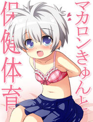  1boy 30-sai_no_hoken_taiiku blue_eyes blush bra crossdressing grey_hair macaron_(30-sai_no_hoken_taiiku) male_focus navel oerba_yun_fang open_mouth skirt smile solo underwear 