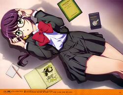  absurdres adjusting_eyewear bell black_skirt blush bow breasts female glasses green_eyes highres hoshimi_junna long_hair looking_at_viewer lying magazine_scan medium_breasts megami_magazine megami_magazine_deluxe nishiogi_hanawa notepad official_art on_back page_number parted_lips pencil purple_hair red_bow scan shoujo_kageki_revue_starlight skirt solo 