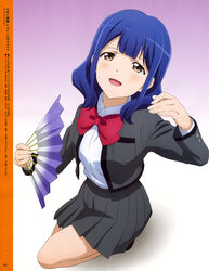  absurdres arm_up black_skirt blue_hair blush bow breast_pocket breasts brown_eyes collared_shirt female hanayagi_kaoruko hand_fan highres holding holding_fan long_sleeves looking_at_viewer magazine_scan medium_breasts medium_hair megami_magazine megami_magazine_deluxe nishiogi_hanawa official_art open_mouth page_number pocket red_bow scan shirt shoujo_kageki_revue_starlight skirt smile solo squatting white_shirt 