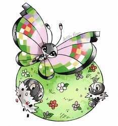  :d artsy-theo bug butterfly commentary_request evolutionary_line flower flying grass happy looking_at_viewer no_humans open_mouth outdoors pokemon pokemon_(creature) scatterbug signature smile spewpa vivillon vivillon_(fancy) 