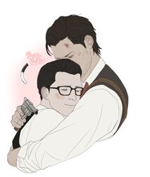  2boys black_hair blush commentary_request facial_hair gameplay_mechanics gb_(doubleleaf) glasses gun hug joseph_oda lowres multiple_boys mutual_hug parody sebastian_castellanos stubble the_evil_within weapon 