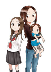  3girls aged_up brown_eyes brown_hair closed_mouth dual_persona full_body gym_shirt holding karakai_jouzu_no_(moto)_takagi-san karakai_jouzu_no_takagi-san long_hair looking_at_viewer mother_and_daughter multiple_girls nishikata_chii photoshop_(medium) school_uniform serafuku shirt simple_background smile source_request standing takagi-san time_paradox white_background 